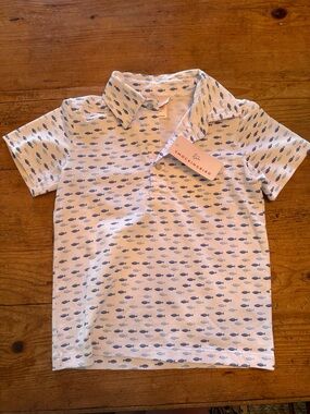 Mockingbird Kids White Polo with Blue Fish Print